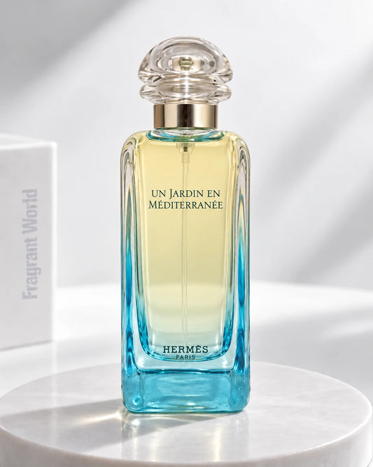 Hermès UN JARDIN EN MEDITERRANÉE | Recreate @visual reference 2 exactly as it is but my fragrance instead of the one in it, very naturally.