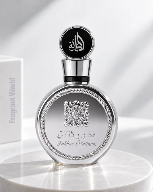 Lattafa FAKHAR PLATIN | Recreate @visual reference 2 exactly as it is but my fragrance instead of the one in it, very naturally.