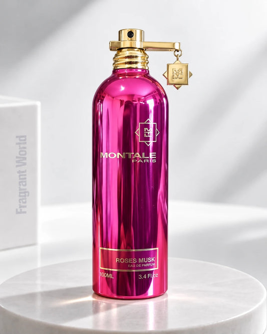 Montale ROSES MUSK | Recreate @visual reference 2 exactly as it is but my fragrance instead of the one in it, very naturally.
