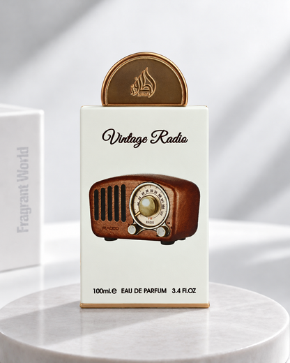 Lattafa Vintage Radio perfume bottle on a grey stone plinth — FragrantWorld